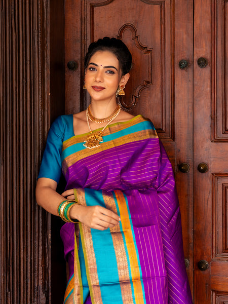Purpe Stripes Woven Pure Kanchipuram Silk Saree - Diadem