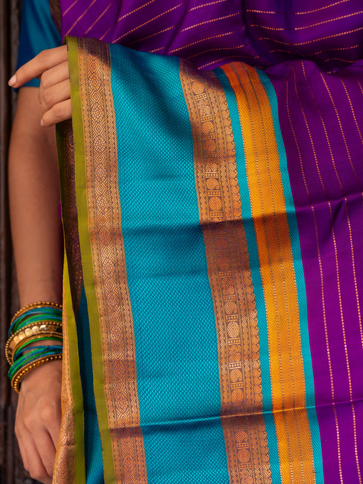 Purpe Stripes Woven Pure Kanchipuram Silk Saree - Diadem