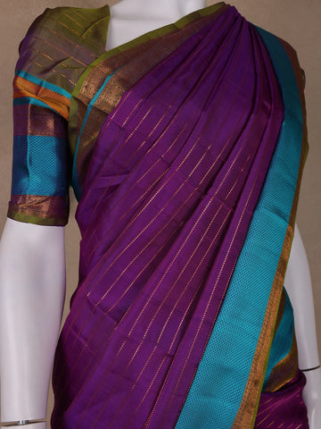 Purpe Stripes Woven Pure Kanchipuram Silk Saree - Diadem
