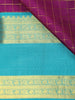 Purple Checks Woven Pure Kanchipuram Silk Saree with Contrast Aqua Blue Zari Border