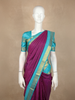 Purple Checks Woven Pure Kanchipuram Silk Saree with Contrast Aqua Blue Zari Border