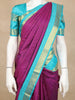 Purple Checks Woven Pure Kanchipuram Silk Saree with Contrast Aqua Blue Zari Border