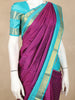 Purple Checks Woven Pure Kanchipuram Silk Saree with Contrast Aqua Blue Zari Border