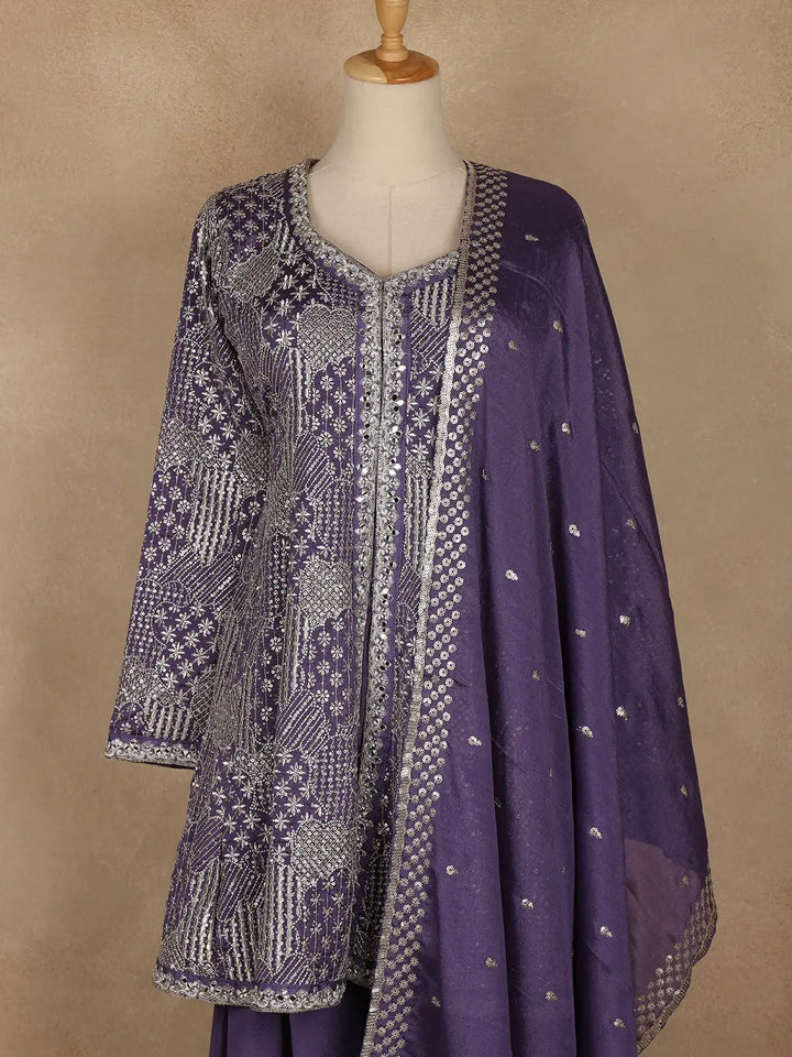 Purple Floral Design Crepe Salwar Palazzo Suit - Diadem