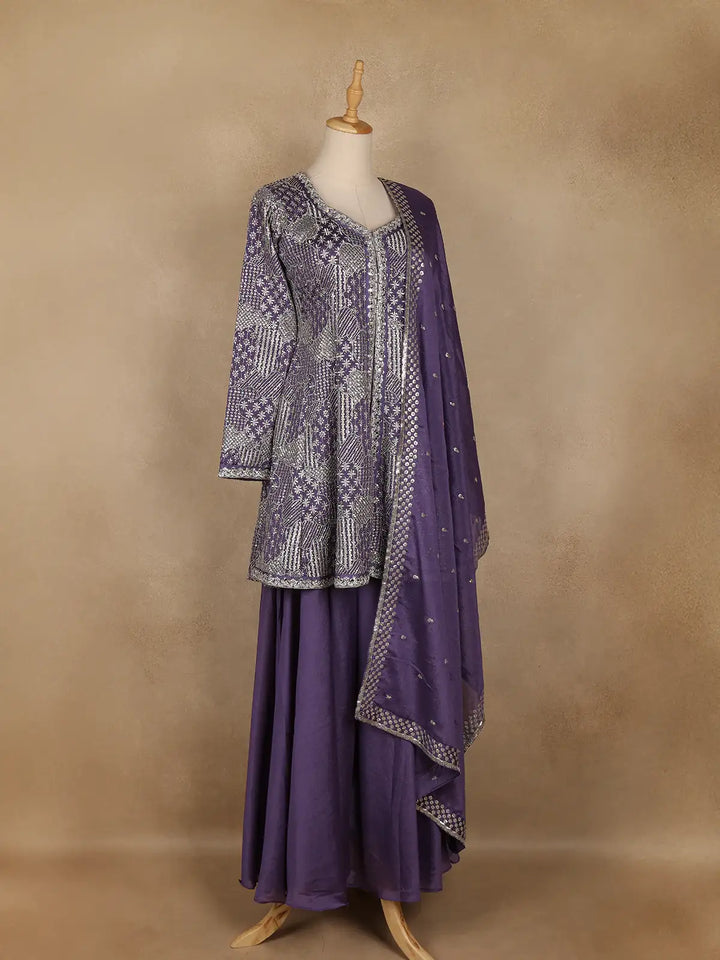 Purple Floral Design Crepe Salwar Palazzo Suit - Diadem