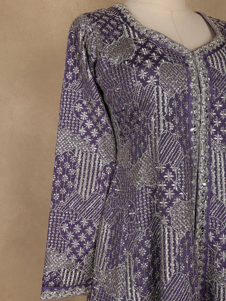 Purple Floral Design Crepe Salwar Palazzo Suit - Diadem