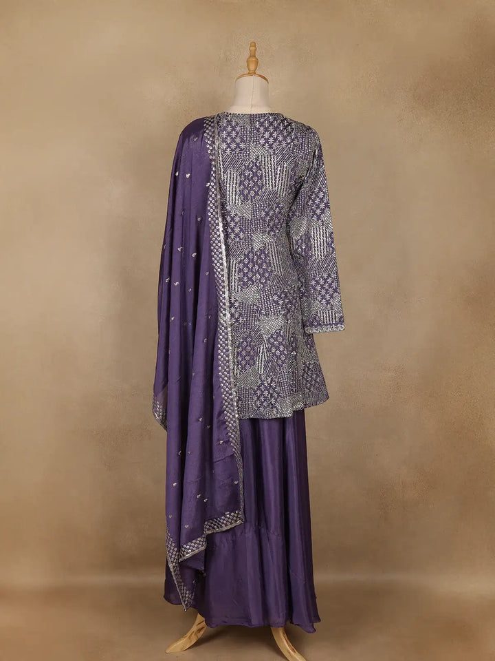 Purple Floral Design Crepe Salwar Palazzo Suit - Diadem