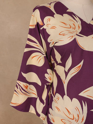 Purple Floral Design Printed Satin Salwar Suit - Diadem