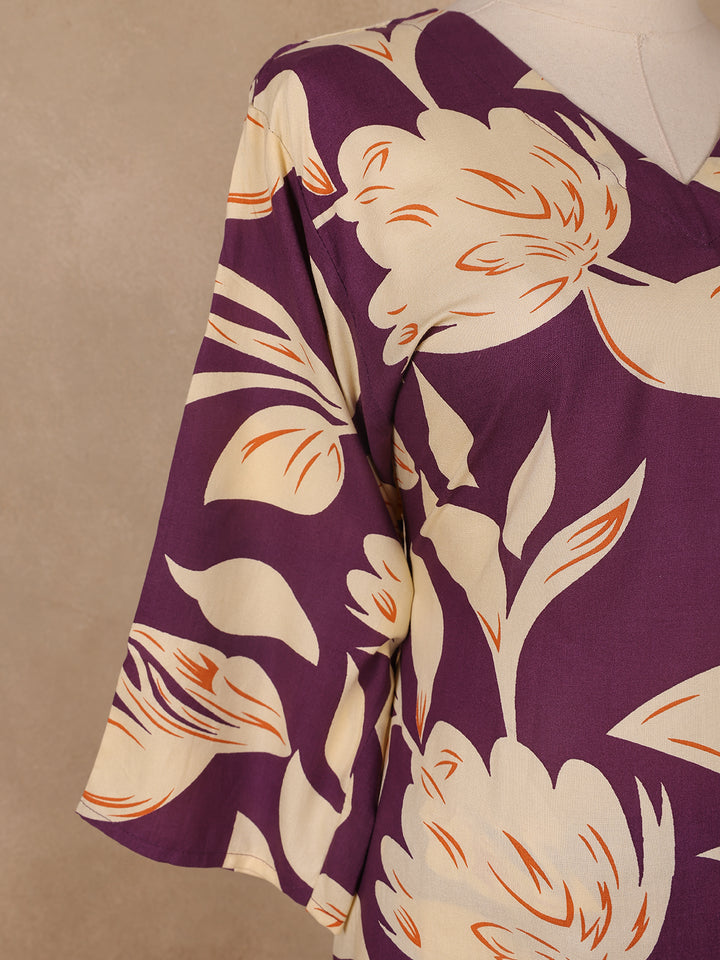 Purple Floral Design Printed Satin Salwar Suit - Diadem