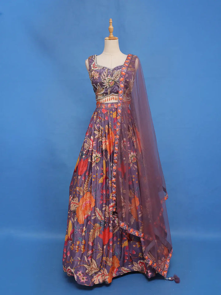 Purple Floral Design Tussar Silk Lehenga - Diadem