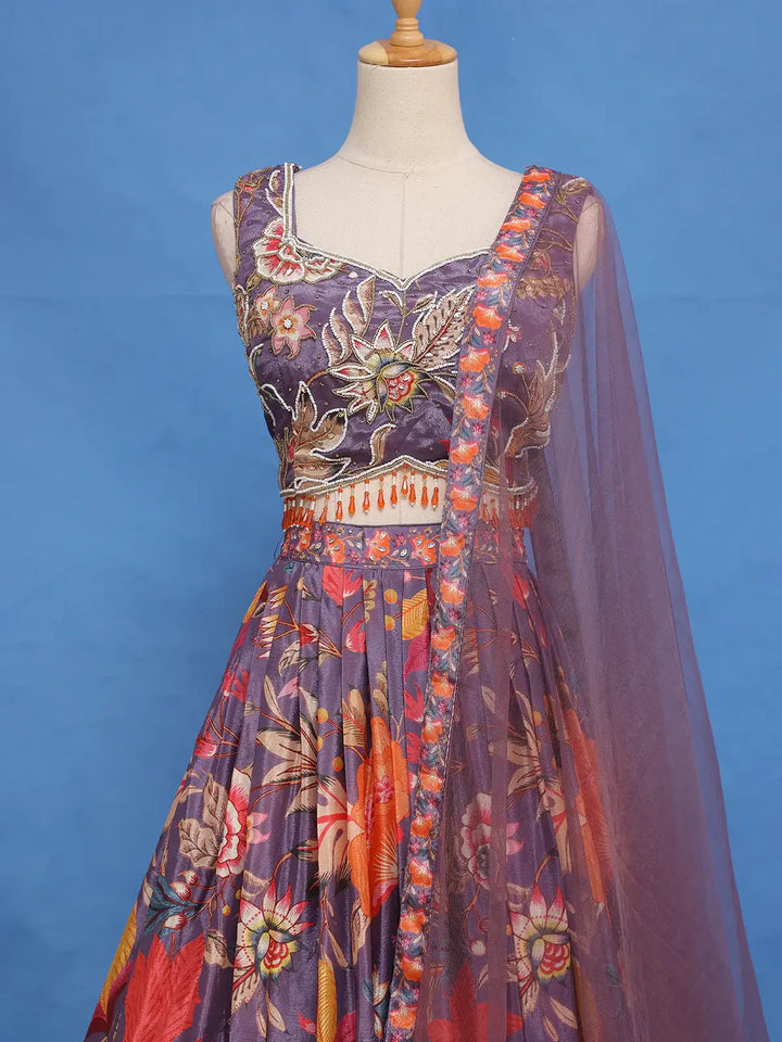 Purple Floral Design Tussar Silk Lehenga - Diadem