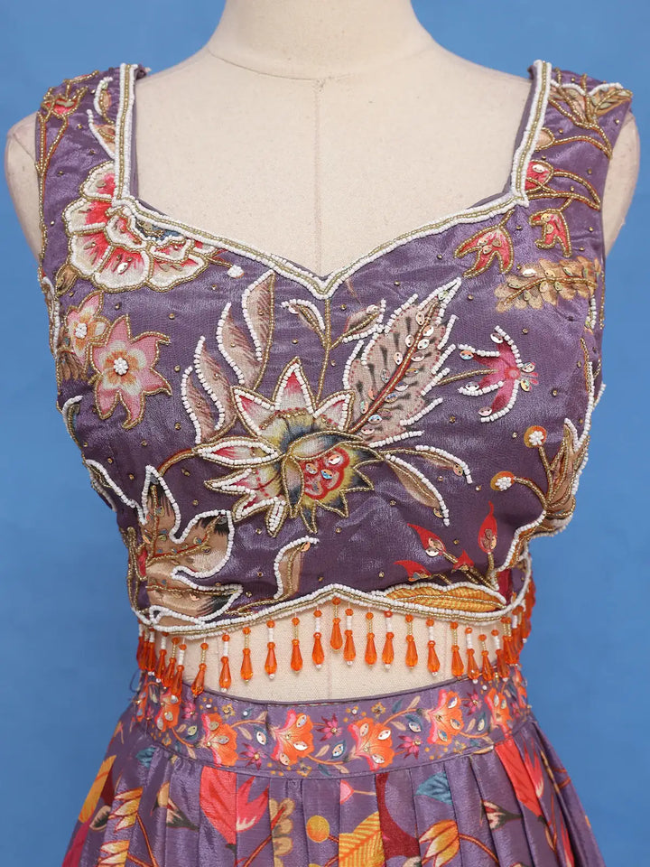 Purple Floral Design Tussar Silk Lehenga - Diadem