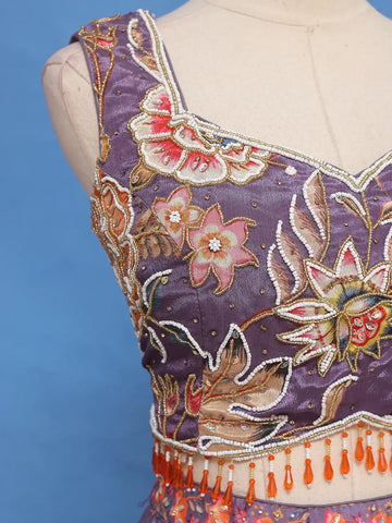 Purple Floral Design Tussar Silk Lehenga - Diadem
