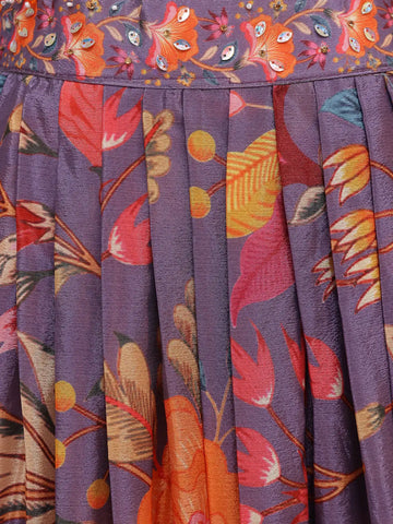 Purple Floral Design Tussar Silk Lehenga - Diadem