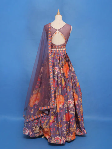 Purple Floral Design Tussar Silk Lehenga - Diadem