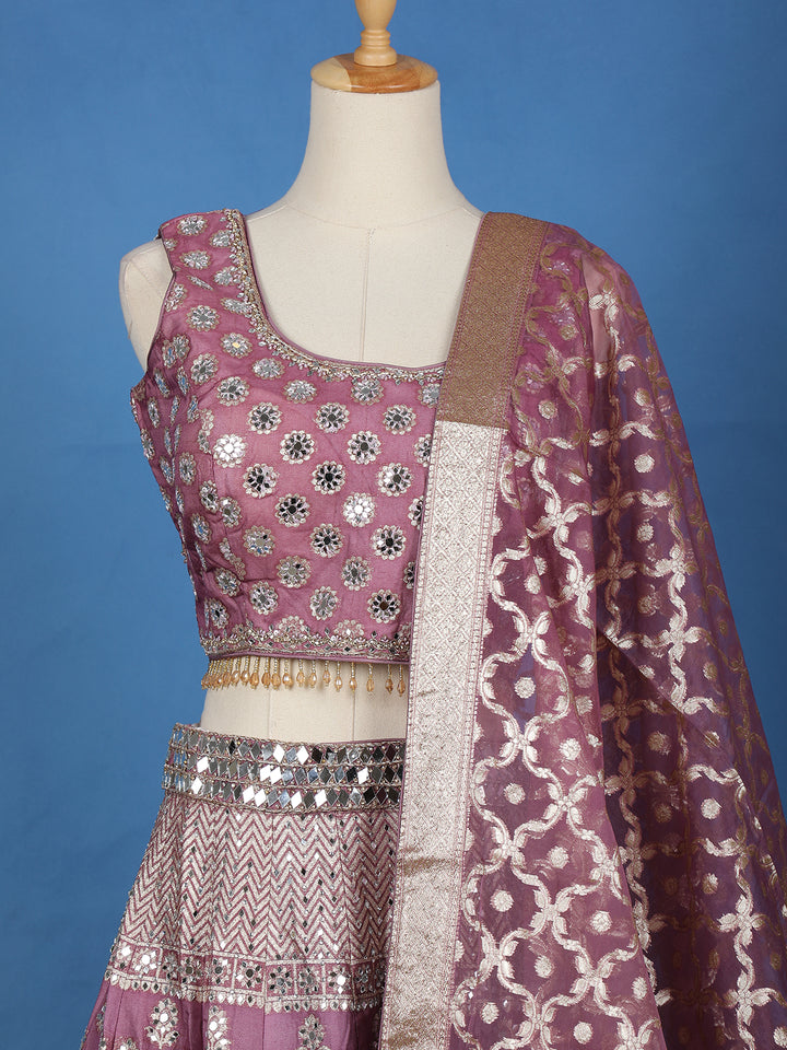 Purple Floral Designed Mirror Work Silk Bridesmaid Lehenga - Diadem