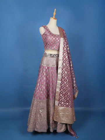 Purple Floral Designed Mirror Work Silk Bridesmaid Lehenga - Diadem