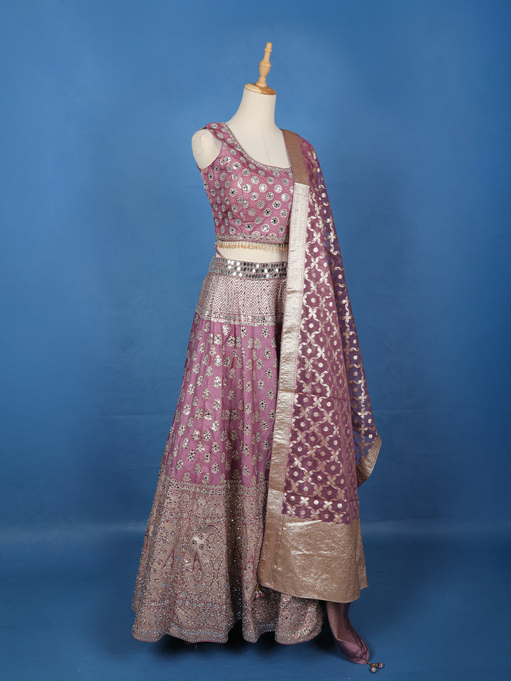 Purple Floral Designed Mirror Work Silk Bridesmaid Lehenga - Diadem