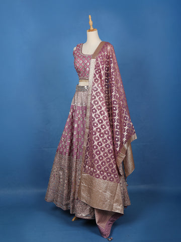 Purple Floral Designed Mirror Work Silk Bridesmaid Lehenga - Diadem