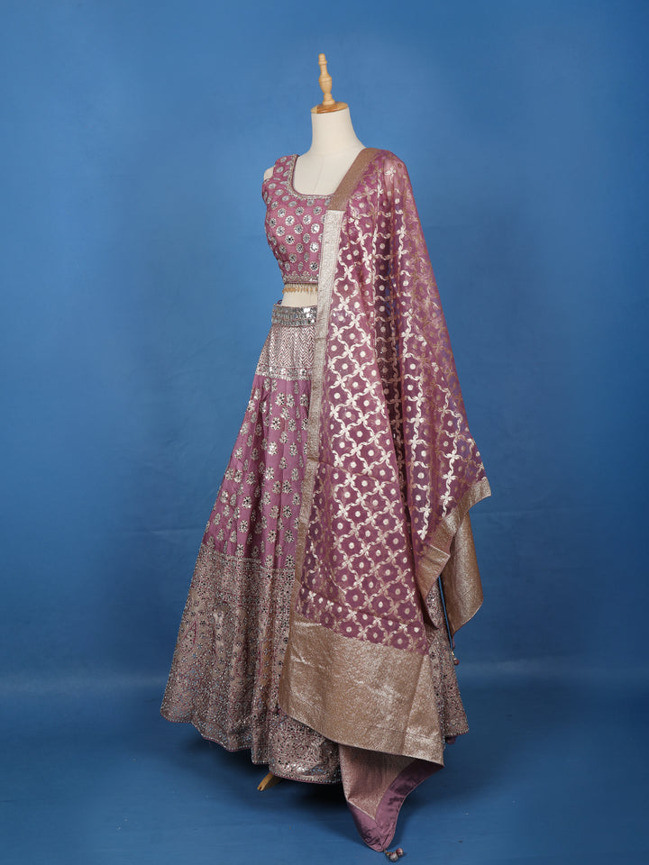 Purple Floral Designed Mirror Work Silk Bridesmaid Lehenga - Diadem