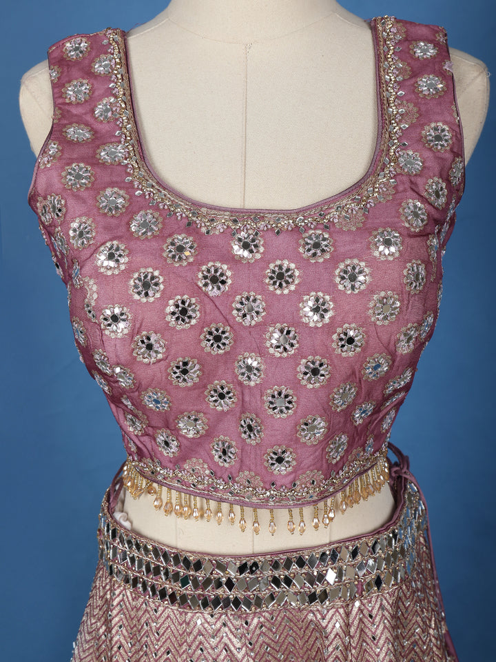 Purple Floral Designed Mirror Work Silk Bridesmaid Lehenga - Diadem