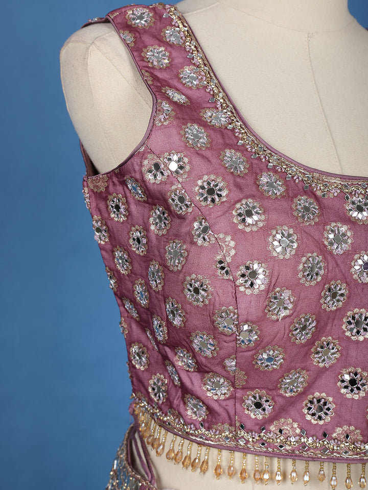 Purple Floral Designed Mirror Work Silk Bridesmaid Lehenga - Diadem