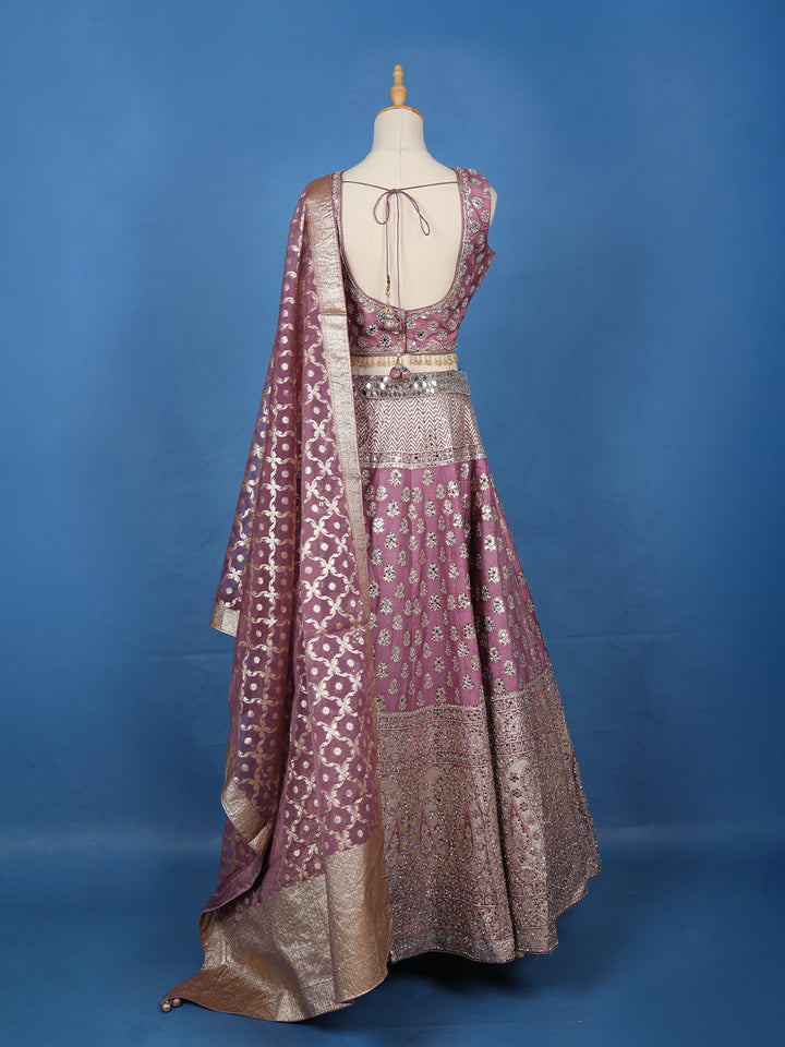 Purple Floral Designed Mirror Work Silk Bridesmaid Lehenga - Diadem