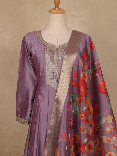 Purple Floral Embroidered Raw Silk Salwar Suit - Diadem