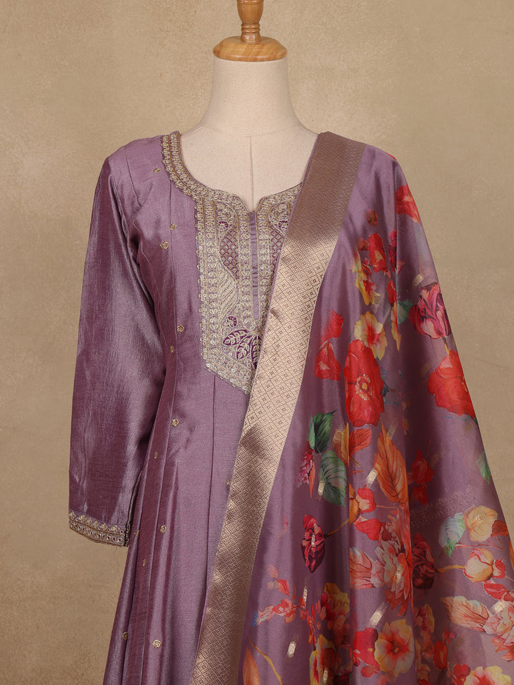 Purple Floral Embroidered Raw Silk Salwar Suit - Diadem