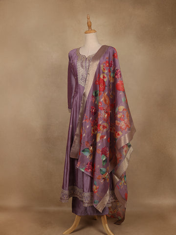 Purple Floral Embroidered Raw Silk Salwar Suit - Diadem