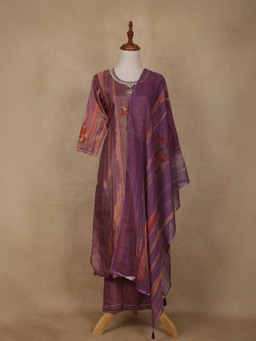 Purple Floral Print Sequins Design Georgette Salwar Suit - Diadem