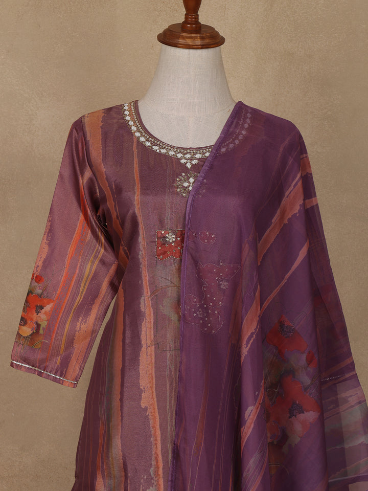 Purple Floral Print Sequins Design Georgette Salwar Suit - Diadem