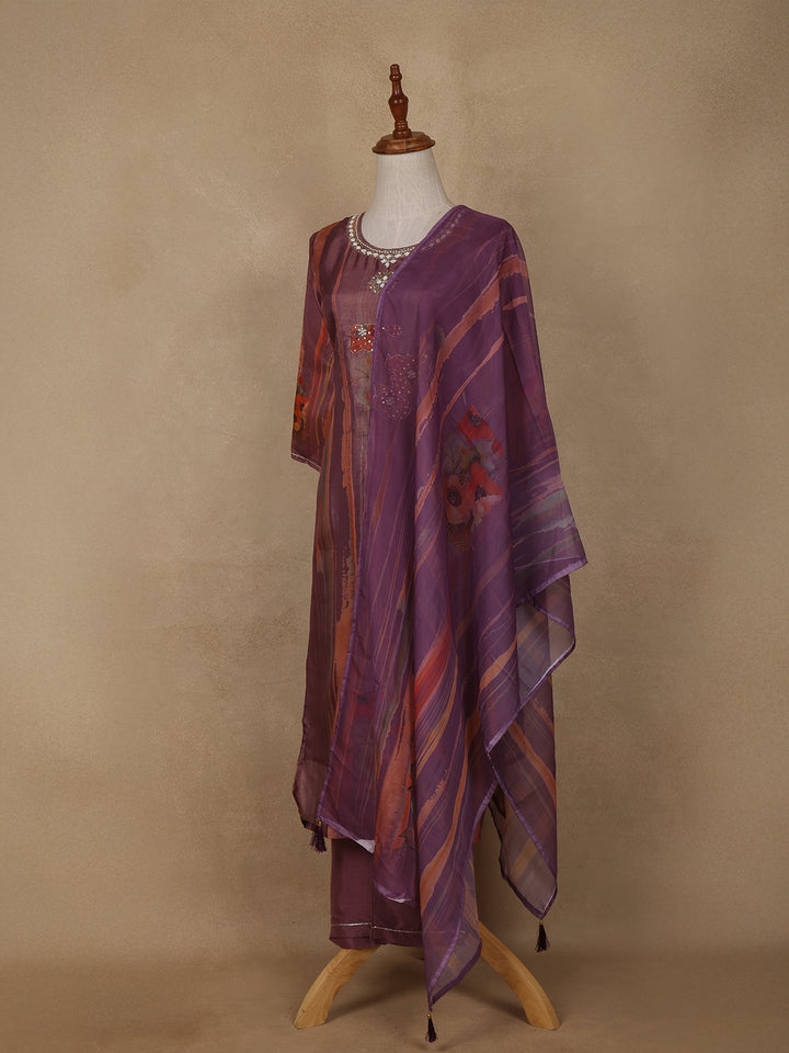 Purple Floral Print Sequins Design Georgette Salwar Suit - Diadem