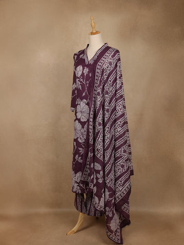Purple Floral Printed Cotton Salwar Suit With Dupatta - Diadem