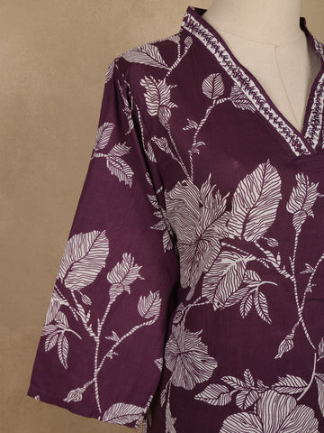 Purple Floral Printed Cotton Salwar Suit With Dupatta - Diadem