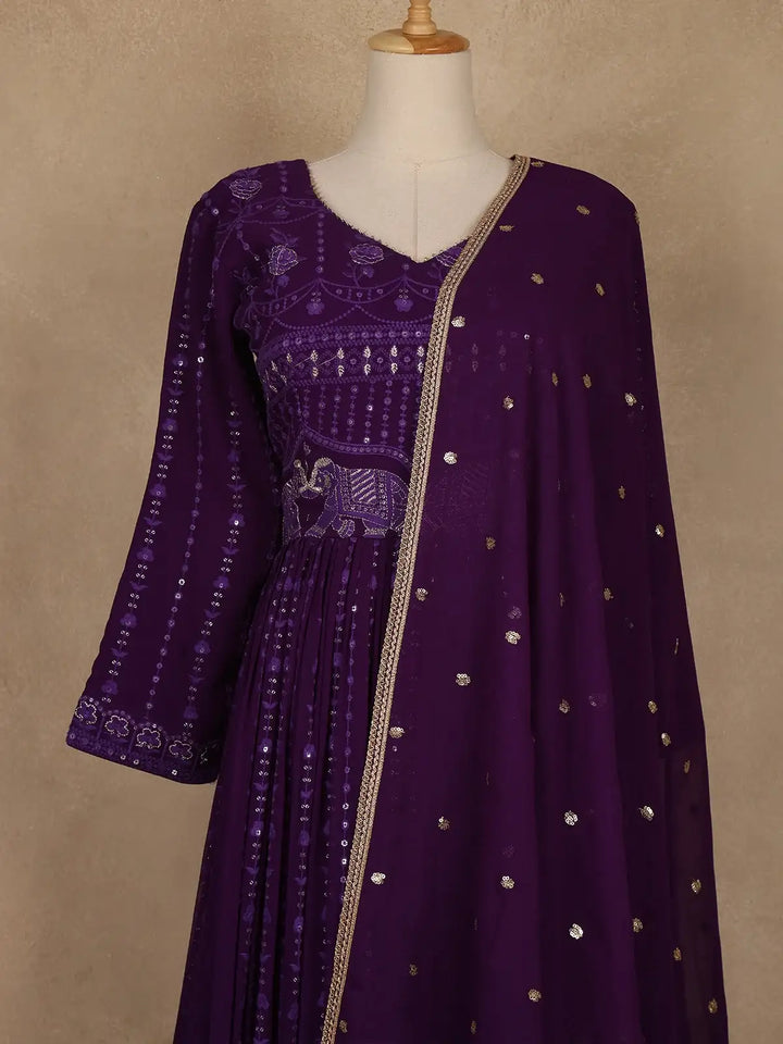 Purple Floral Sequin Embroidery Georgette Salwar Suit - Diadem