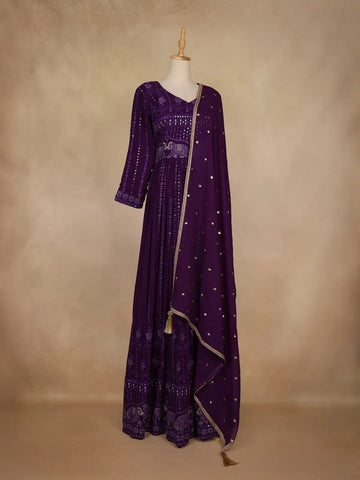 Purple Floral Sequin Embroidery Georgette Salwar Suit - Diadem