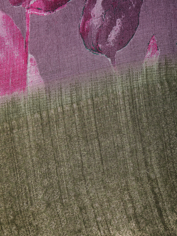 Purple Leaf Printed Raw Silk Saree - Diadem