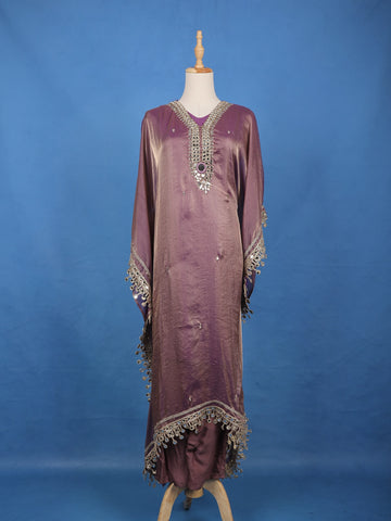 Purple Mirror Work Semi Silk Kaftan Suit - Diadem