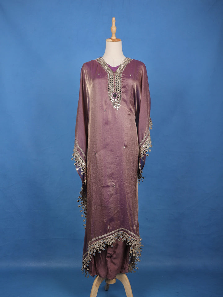 Purple Mirror Work Semi Silk Kaftan Suit - Diadem