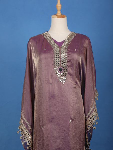Purple Mirror Work Semi Silk Kaftan Suit - Diadem