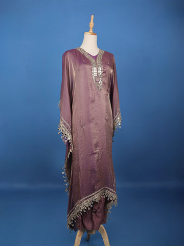 Purple Mirror Work Semi Silk Kaftan Suit - Diadem