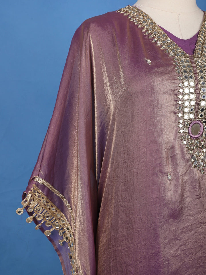 Purple Mirror Work Semi Silk Kaftan Suit - Diadem