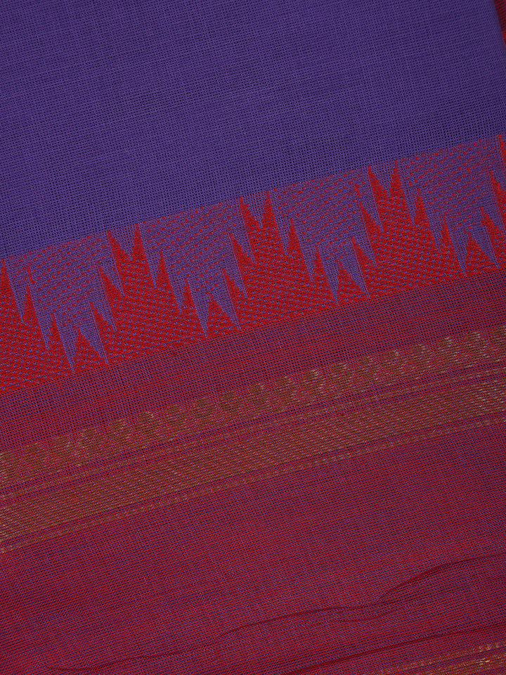 Purple Solid Design Cotton Saree With Red Temple Zari Border - Diadem