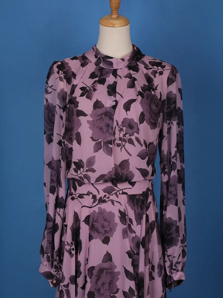 Purple Floral Design Chiffon Partywear Gown - Diadem