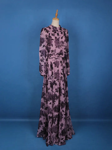 Purple Floral Design Chiffon Partywear Gown - Diadem