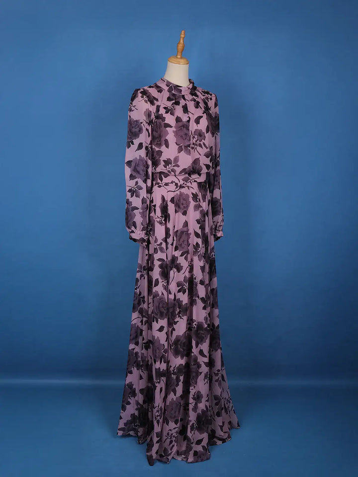 Purple Floral Design Chiffon Partywear Gown - Diadem