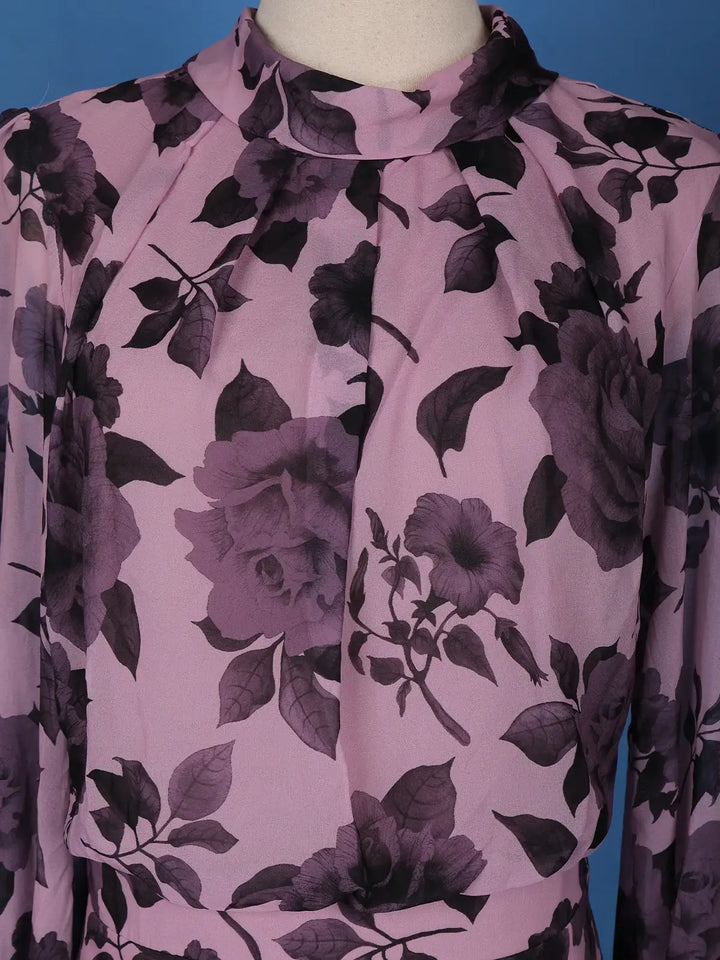 Purple Floral Design Chiffon Partywear Gown - Diadem