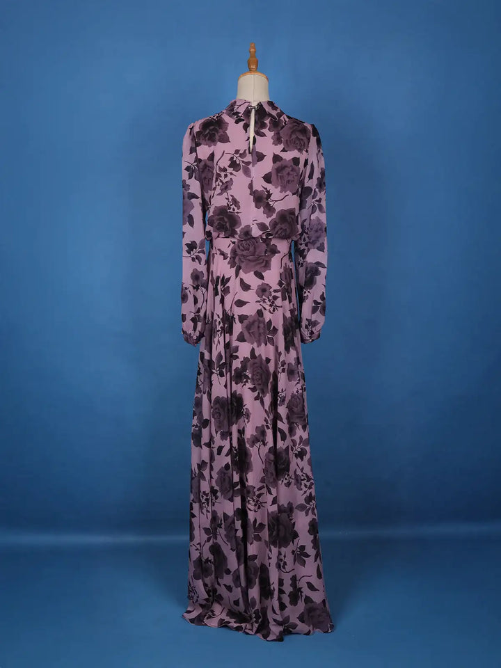 Purple Floral Design Chiffon Partywear Gown - Diadem