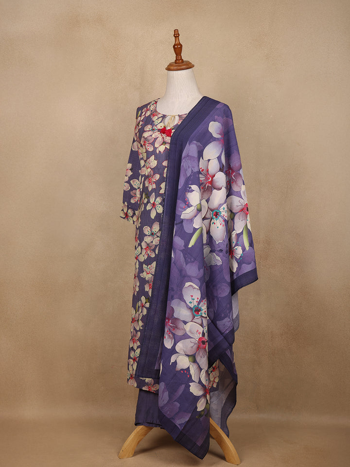 Purple Floral Design Print Cotton Salwar Suit - Diadem